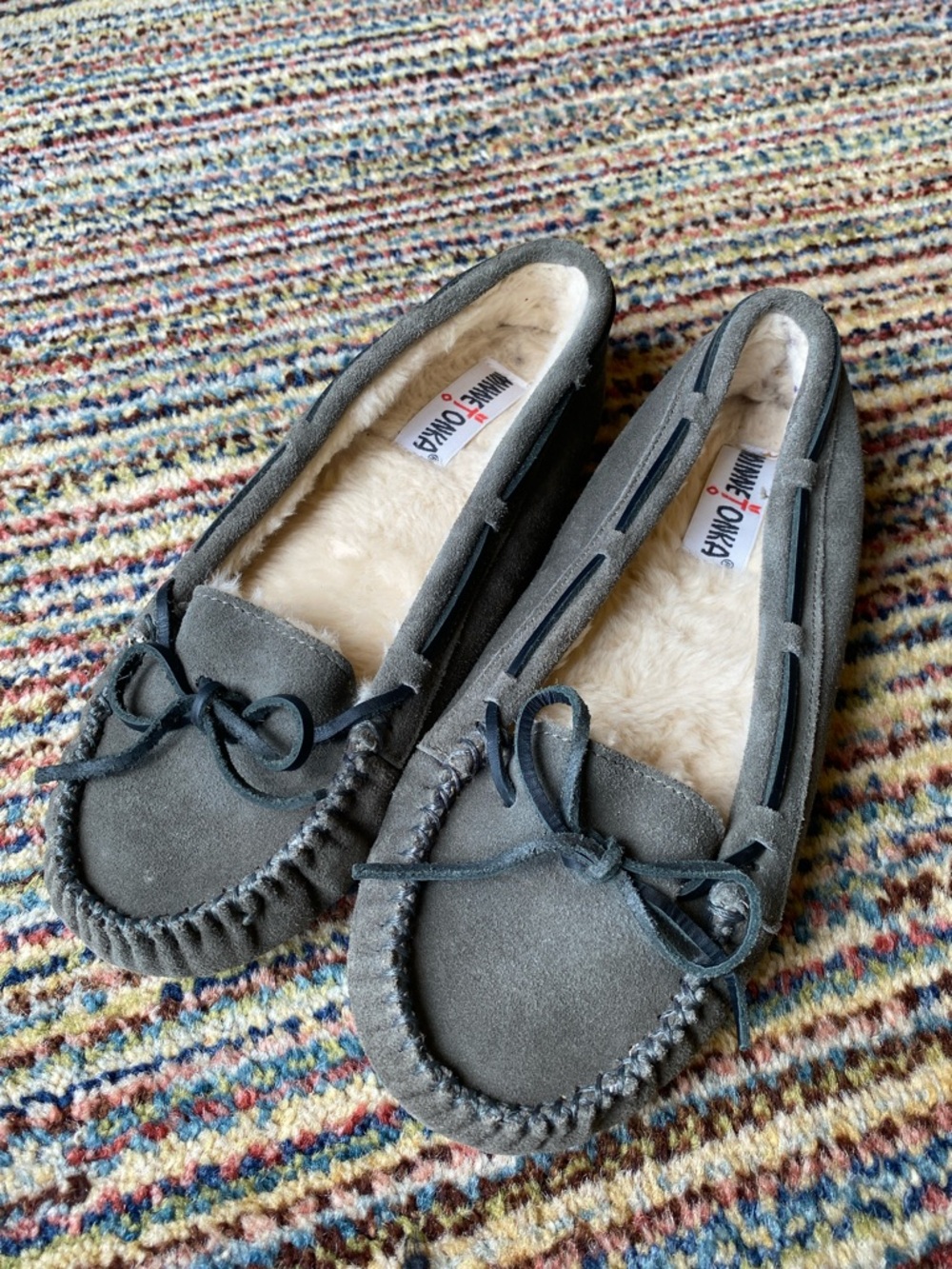 Minnetonka Gray Suede Moccasin Slippers with Cream Shearling
